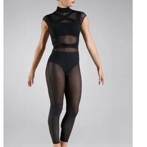 Weissman Black Unitard with Multi-color Flag straps and neck Size: LC 14 MT 1157